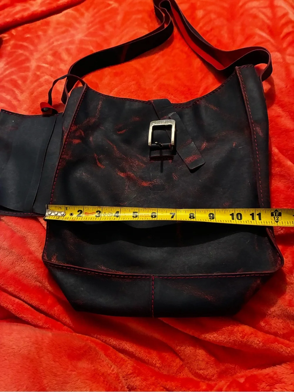 Moschino Black, blue red Leather Messenger Bag with Red Accents
